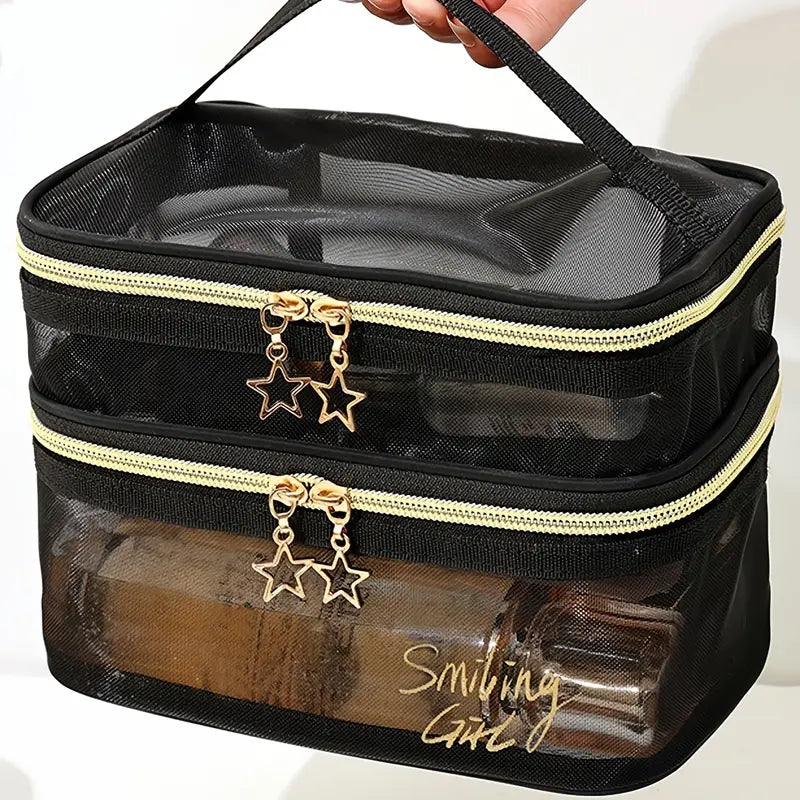 Double Layer Clear Mesh Makeup Purse and Organizer Bag