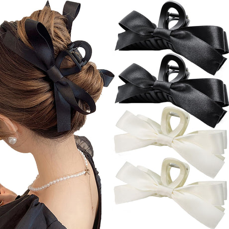 Sizobi Womens Hair Accessories: 4PCS Large Bow Claw Clips for Thick Thin Long or Curly Ponytails - Strong Hold White & Black