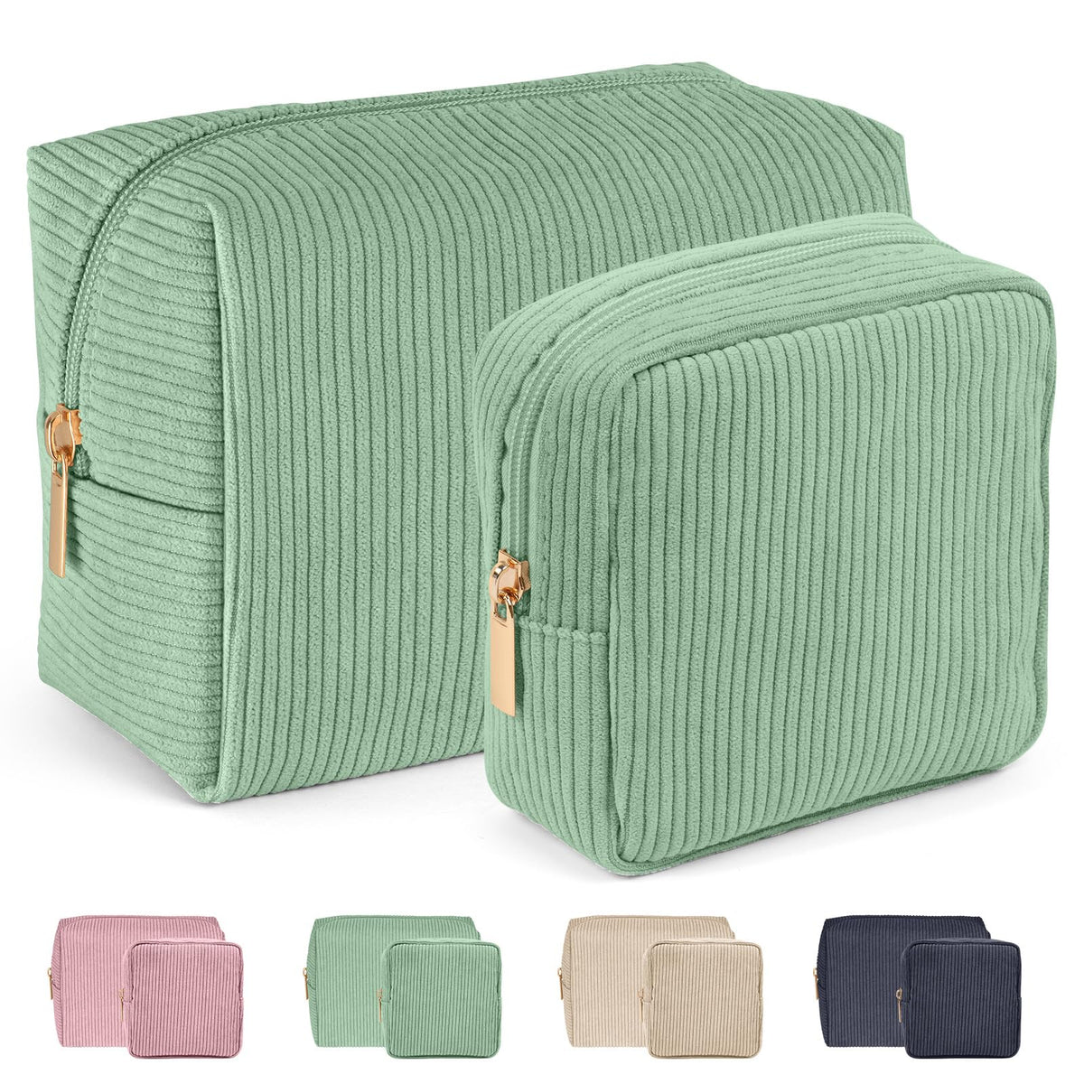 MAGEFY Makeup Bag 2 Pcs Corduroy Cosmetic Bag Small Makeup Bags for Women Travel Pouch with Slip-in Pockets（Green）