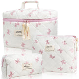 Peaujiey Quilted Makeup Bag Set 3 PCS Pink Bow Makeup Bag for Women and Girls Large Cotton Cosmetic Bag Pink Flower Travel Toiletry Bag