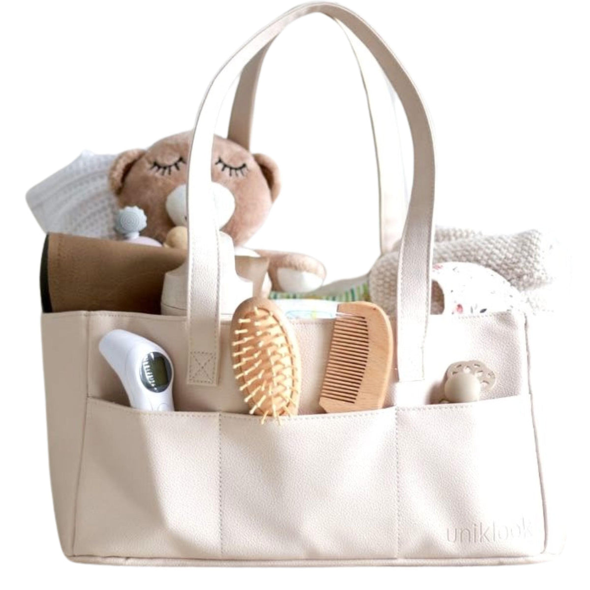 Uniklook Vegan Leather Baby Diaper Caddy Organizer with Removable Inserts – Portable Storage Basket for Diapers Wipes Baby Essentials – Easy-to-Clean Nursery Organizer for Home & Travel (Blanc)