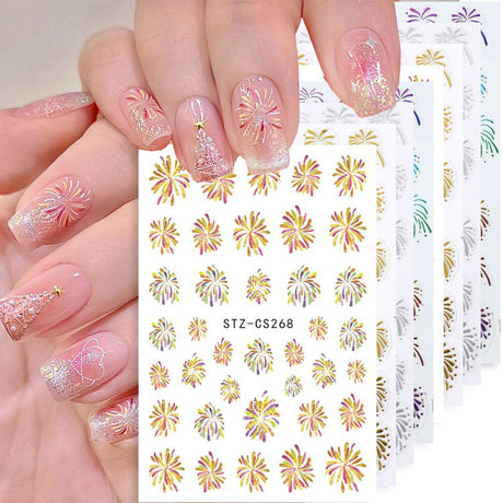 8Sheets Fireworks Nail Art Stickers for Nail Art Gold Silver Fireworks Nail Decals 3D Self-Adhesive Christmas Nail Art Stickers Xmas Stickers Nail Charms for Women Girls New Year Holiday Nails DIY
