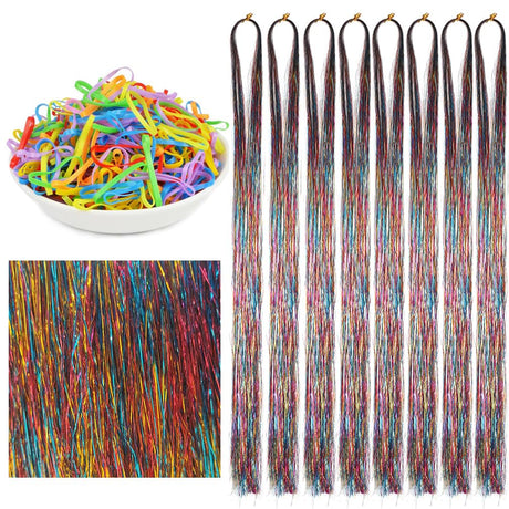 Hair Tinsel Extensions Rainbow Colorful Glitter Tinsel Hair Kit Heat Resistant 42 Inch Sparkling Fairy Hair Accessories for Women Kids Girls 8 Pcs