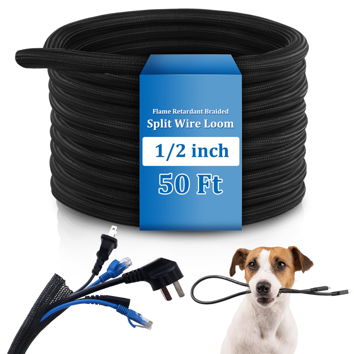 Pangda 50ft Split Wire Loom Tubing Flame Retardant Braided Cable Sleeve Split High Temperature Cable Conduit Auto Wire Conduit for Industrial Electrical Wires Automotive Marine(50 Ft 1/2")