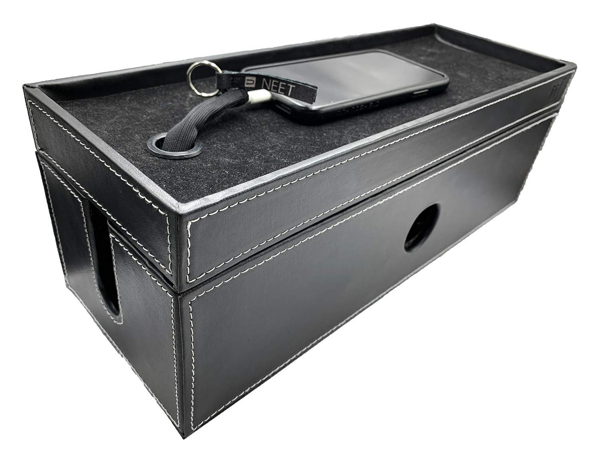 NEET Cable Management Box Large Computer Cord Organizer Hide and Conceal Power Cable Organizer Computers and Desks Black Stitched Leather