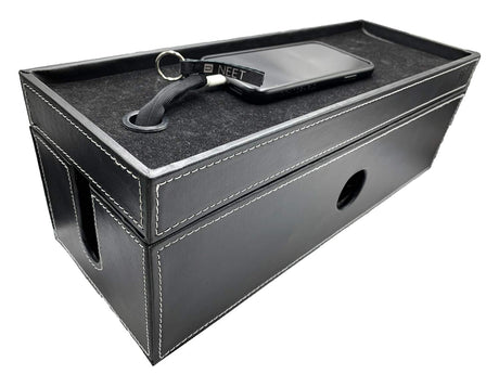 NEET Cable Management Box Large Computer Cord Organizer Hide and Conceal Power Cable Organizer Computers and Desks Black Stitched Leather