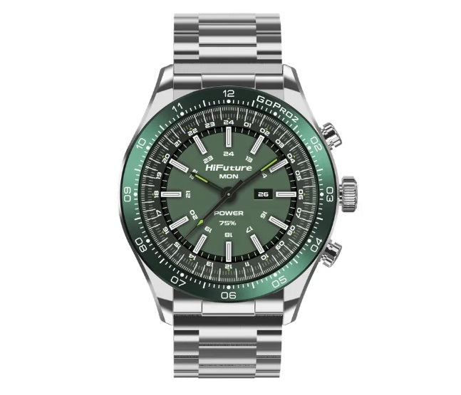 HiFuture GO PRO2 Silver Green Luxury Swiss-Inspired Elegance Stainless Steel SmartWatch with AMOLED Display, 10 Day Battery, 1ATM