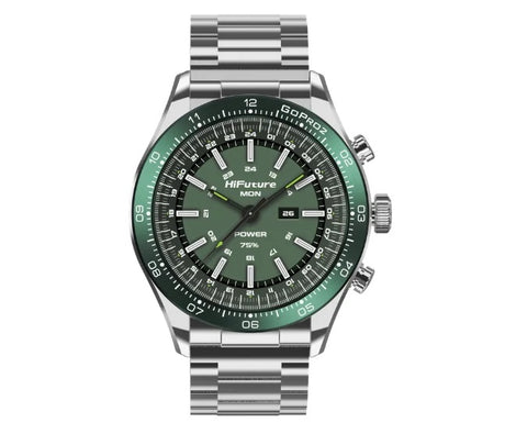 HiFuture GO PRO2 Silver Green Luxury Swiss-Inspired Elegance Stainless Steel SmartWatch with AMOLED Display, 10 Day Battery, 1ATM