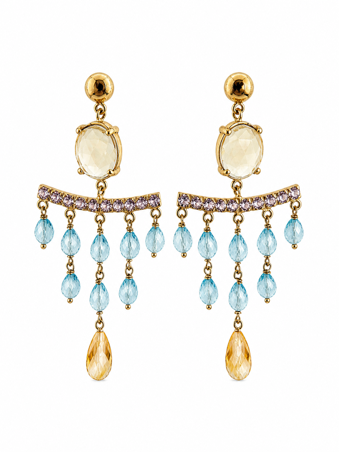 KV Yellow Chandelier Earrings 9Kt - Blue Topaz, Citrine & Amethyst