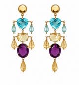 KV Yellow Gold Chandelier Earrings 18Kt - Blue Topaz, Citrine & Amethyst