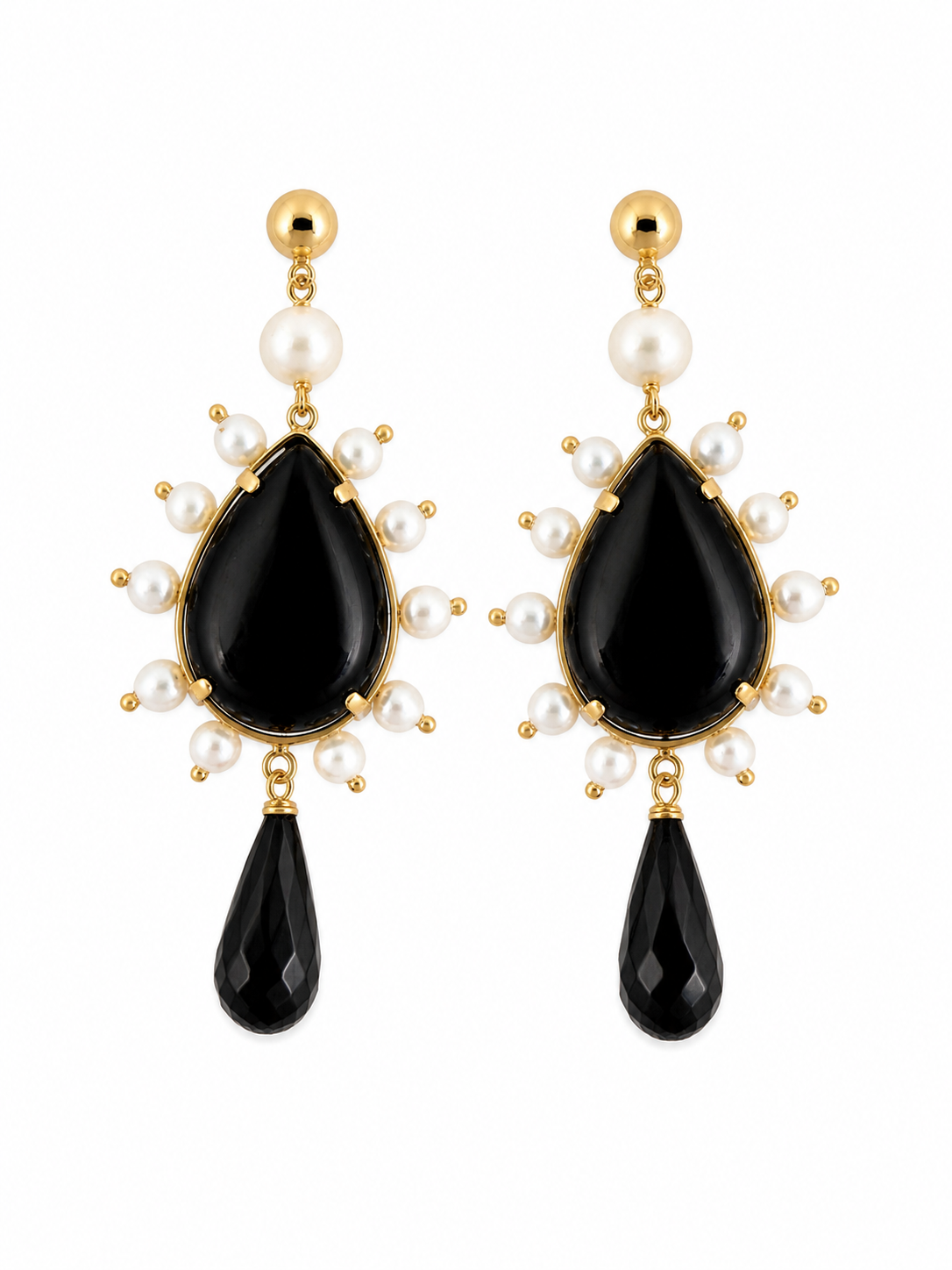 KV Yellow Gold Earrings 9Kt - Natural Pearls & Black Onyx