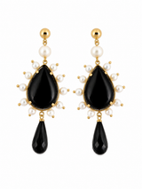 KV Yellow Gold Earrings 9Kt - Natural Pearls & Black Onyx