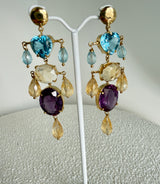 KV Yellow Gold Chandelier Earrings 18Kt - Blue Topaz, Citrine & Amethyst