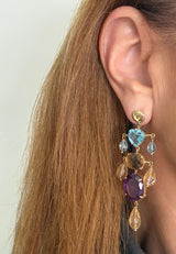 KV Yellow Gold Chandelier Earrings 18Kt - Blue Topaz, Citrine & Amethyst