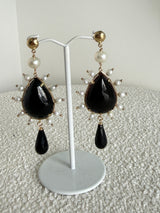 KV Yellow Gold Earrings 9Kt - Natural Pearls & Black Onyx