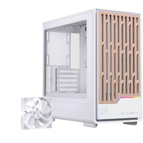 Einarex PC Case mATX PM400 Core, Wood Front Panel, Tempered Glass Side Panel , 1 Rear Fan Pre-Installed,  White