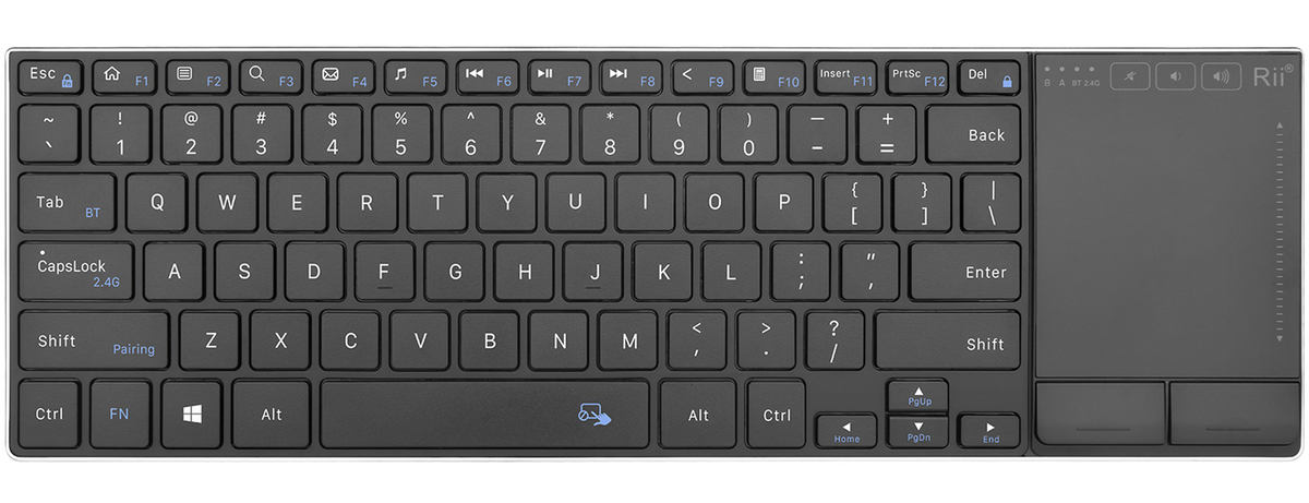 Rii Mini Keyboard Wireless 2.4GHz & Bluetooth with Large Touchpad & Media Keys Stainless Steel RT721