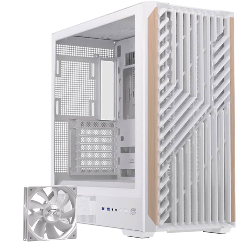 Einarex PC Case ATX P800 Core Black , Wood Front Panel, Tempered Glass Side Panel , 1 Rear Fan Pre-Installed White