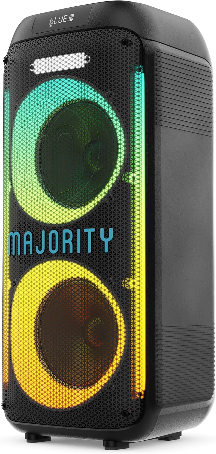 Majority Pulse P2 Portable Party & Karaoke Speaker with Wired Microphone, Bluetooth, USB/SD, Mic Echo, Treble, Bass Boost, TWS & LED Lights