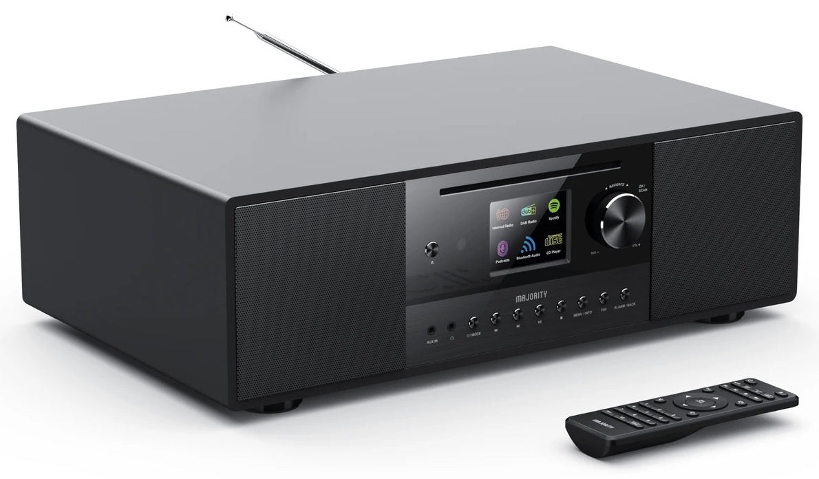 Majority QUADRIGA 2.1 Mini HiFi 120W with 6'' Subwoofer, CD Player, Internet Radio, Bluetooth, USB & Optical Input
